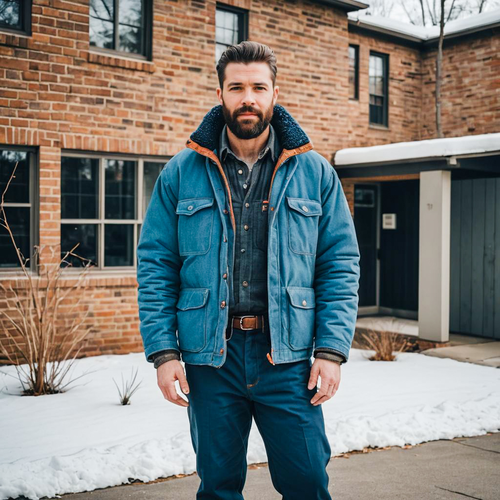 Man in Blue Winter Jacket Standing by Brick House in Snow