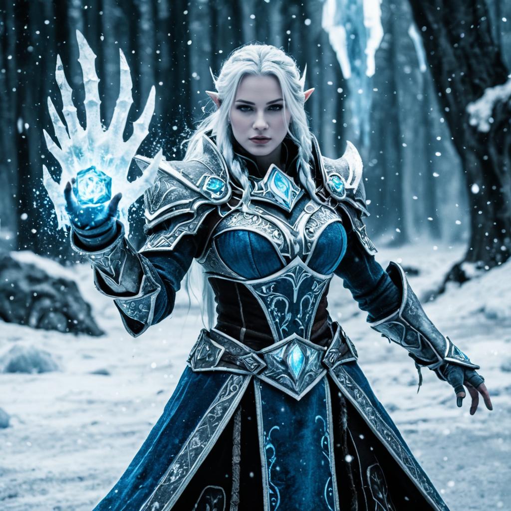 Fantasy Elf Mage Woman Casting Ice Spell in Snowy Forest