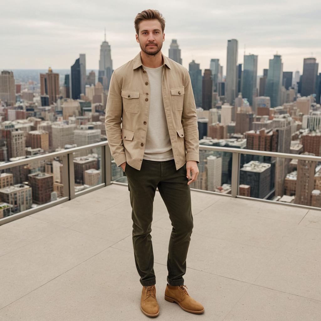 Stylish Man in Beige Jacket with Cityscape