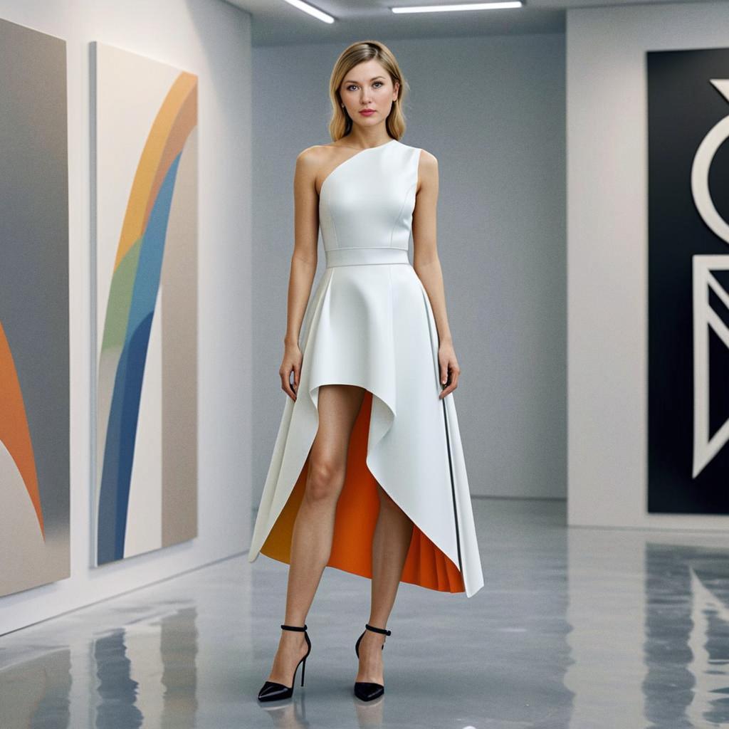 Elegant Woman in Asymmetrical Dress at Art Gallery