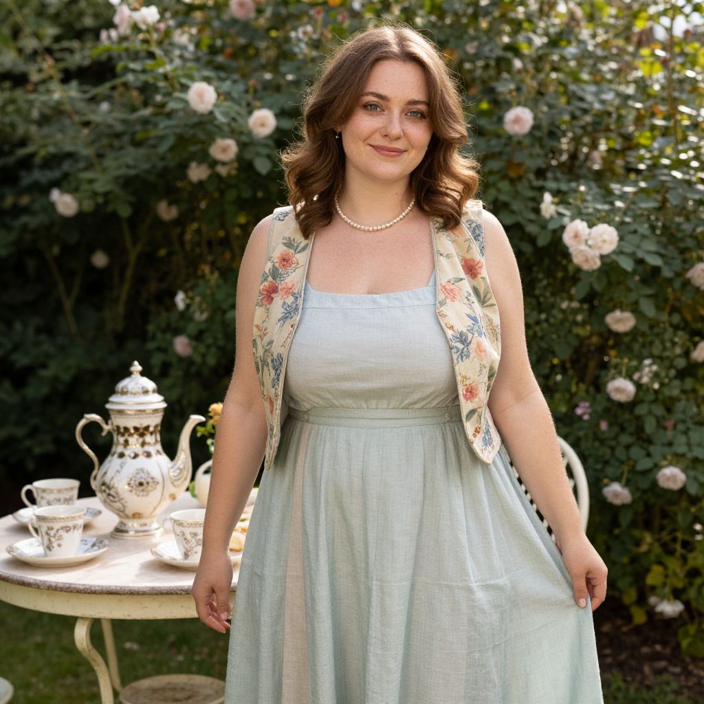Woman in Floral Vest and Blue Dress Enjoying Vintage Tea Party in Rose Garden