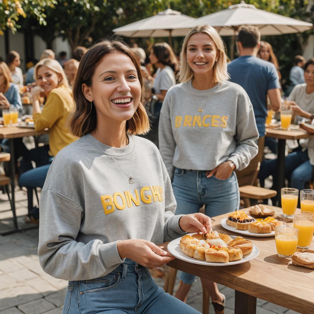 Joyous Woman Enjoying Meal Outdoors at Bustling Cafe