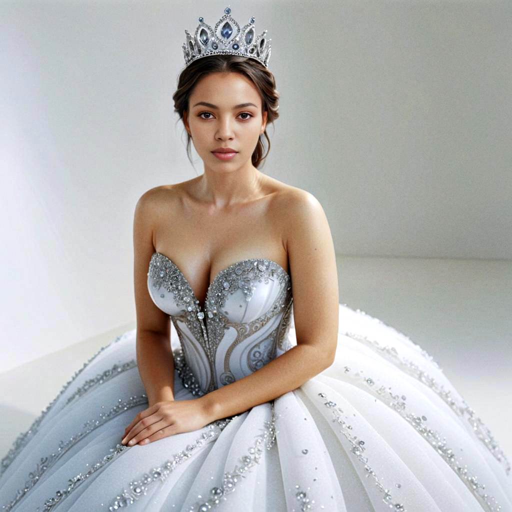 Elegant Young Woman in White Ball Gown