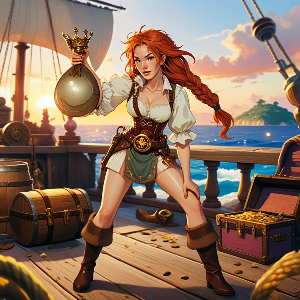 Red-Haired Pirate Woman Holding Crown on Ship Deck at Sunset
