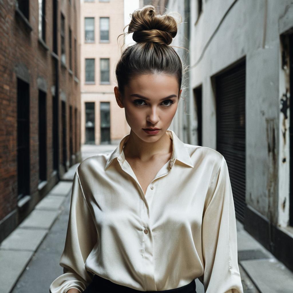 Confident Woman in Silk Blouse Standing in Urban Alleyway
