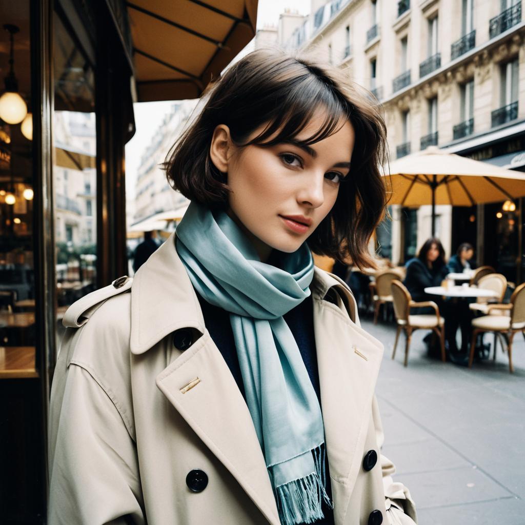 Stylish Woman in Blue Scarf and Beige Trench Coat on City Street with Café Background