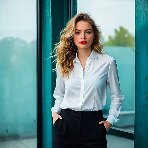 Confident Woman in Stylish Attire by Glass Windows