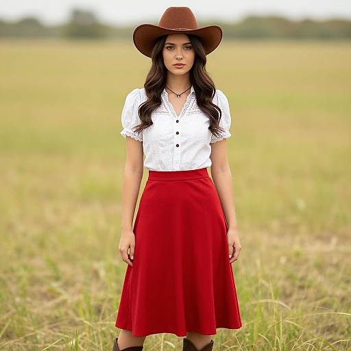 Woman in Western Cowboy Hat and Red Skirt in Open Field