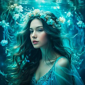 Serene Young Woman Underwater with Floral Crown
