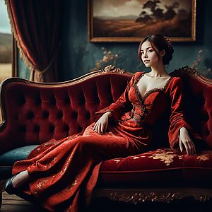 Elegant Woman in Vintage Red Velvet Dress on Tufted Sofa