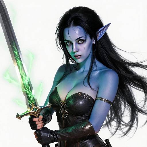 Fantasy Warrior Woman with Blue Skin and Glowing Sword Digital Artwork