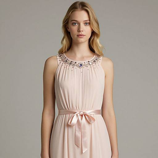 Elegant Woman in Pink Beaded Dress with Satin Ribbon Waist