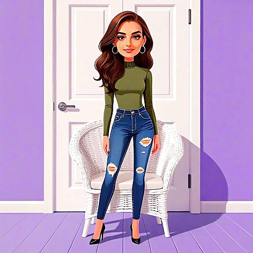 Casual Chic Woman in Olive Green Turtleneck and Ripped Jeans