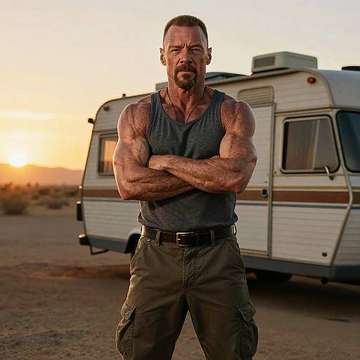 Muscular Man Standing Confidently Near Camper Trailer at Sunset in Desert