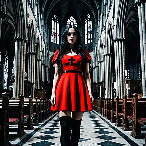 Woman in Red Dress in Gothic Cathedral