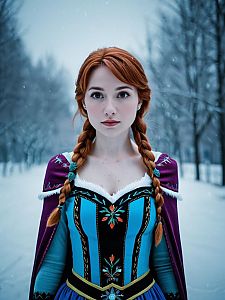 Woman with Red Braided Hair in Vibrant Costume in Snowy Landscape