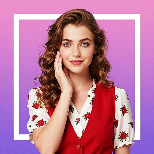 Confident Young Woman in Red Floral Vest with Gradient Background