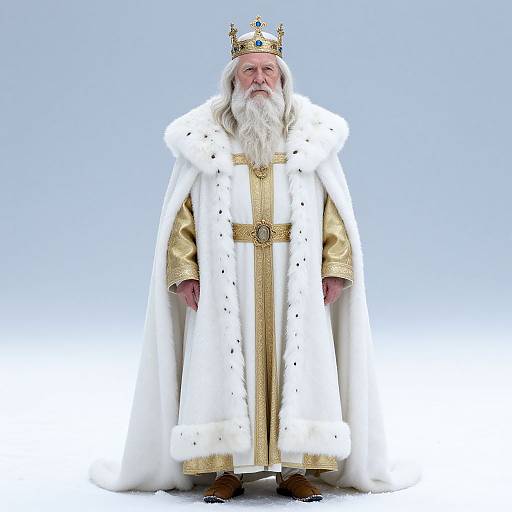 Regal Elderly Man in Royal Golden and White Fur Cloak with Crown
