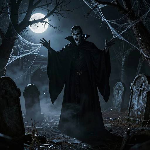 Dark Vampire in Foggy Graveyard Under Full Moon