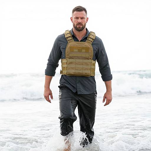 Man Wearing Tactical Vest Walking Through Ocean Water