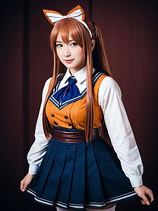 Realistic Monika Cosplay Woman in Blue Skirt and Orange Vest Costume