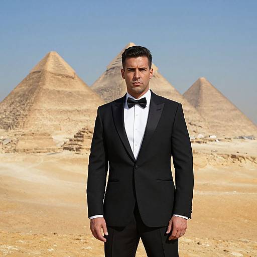 Man in Tuxedo Standing by the Pyramids of Giza Desert