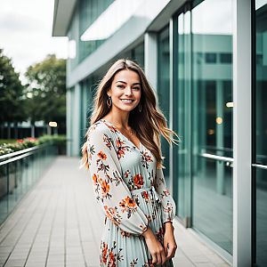 Young Woman in Floral Dress by Modern Glass Building