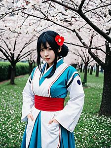 Woman Cosplay Blossom PPGZ Costume Realistic Photo in Cherry Blossom Park
