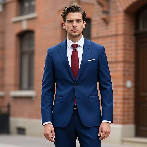 Confident Man in Blue Suit with Red Tie Urban Fashion Portrait