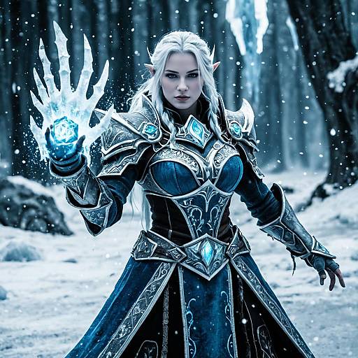 Fantasy Elf Mage Woman Casting Ice Spell in Snowy Forest
