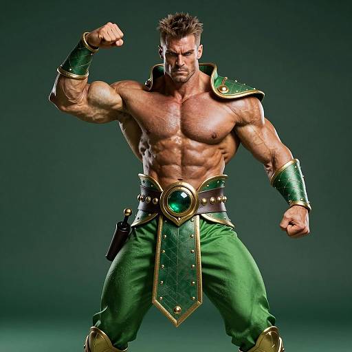 Muscular Man in Green Fantasy Warrior Costume Posing Fiercely