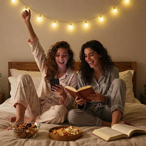 Gen Z Women Enjoying Cozy Pajama Night Reading and Sharing on Bed