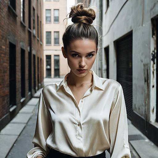 Confident Woman in Silk Blouse Standing in Urban Alleyway