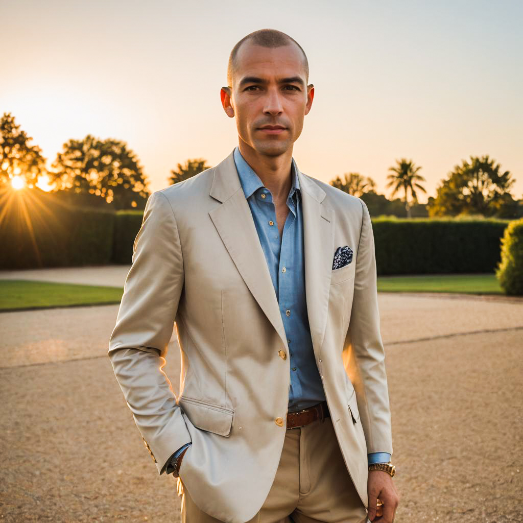 Stylish Man in Beige Suit at Sunset