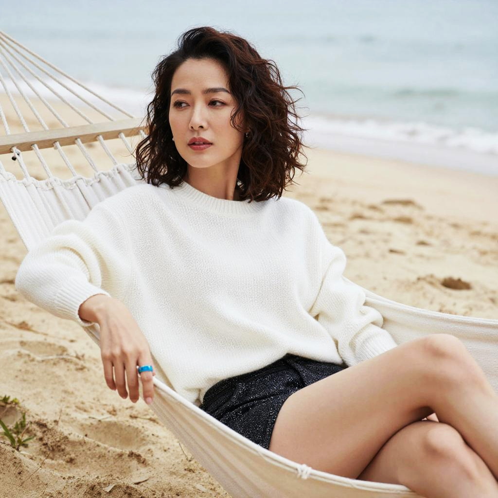 Young Woman Relaxing on Beach Hammock in Casual Sweater and Shorts