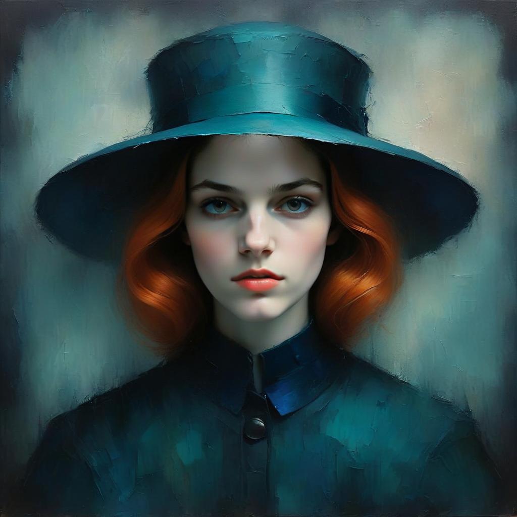 Portrait of Woman in Wide-Brimmed Teal Hat Digital Oil Painting