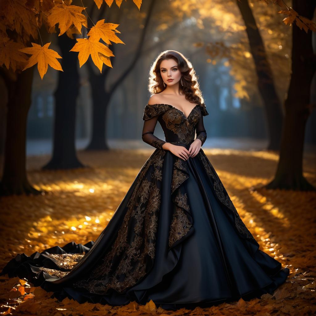 Elegant Woman in Black Gown with Gold Detailing in Autumn