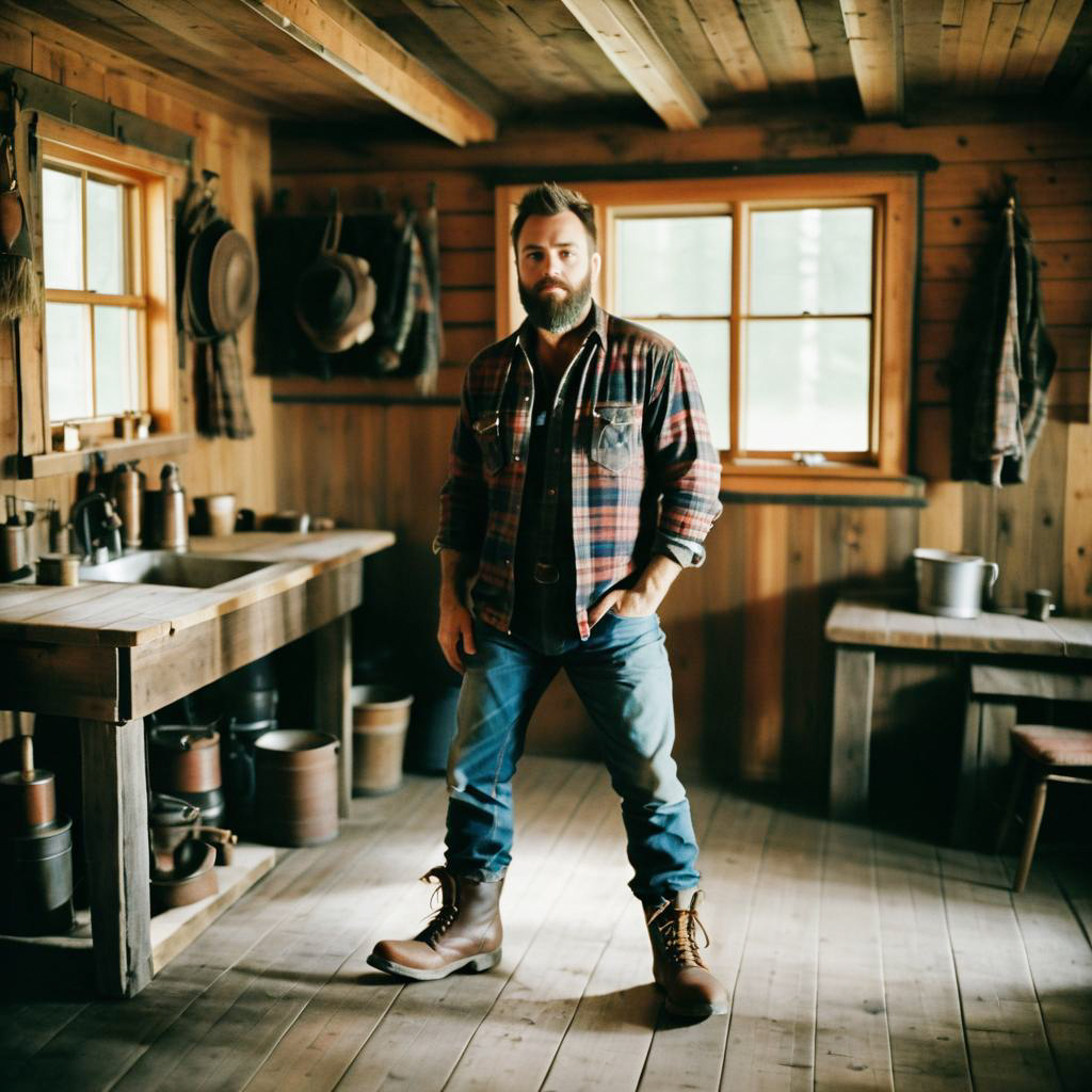 Confident Man in Rustic Cabin with Modern Style