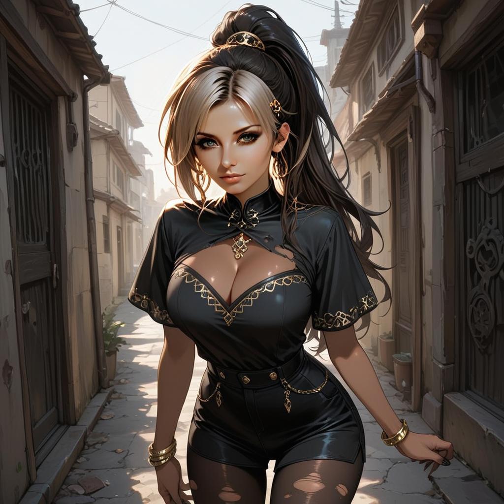 Stylish Woman in Black Outfit in Sunlit Urban Alley - Digital Anime Illustration