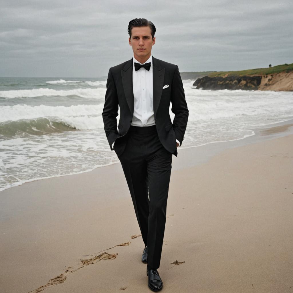 Man in Tuxedo on Beach with Overcast Skies