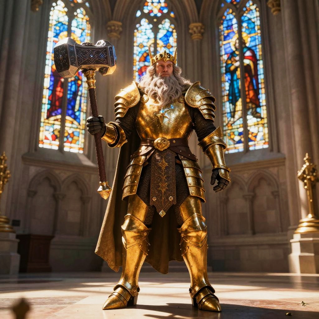 Medieval King in Golden Armor Holding War Hammer in Cathedral