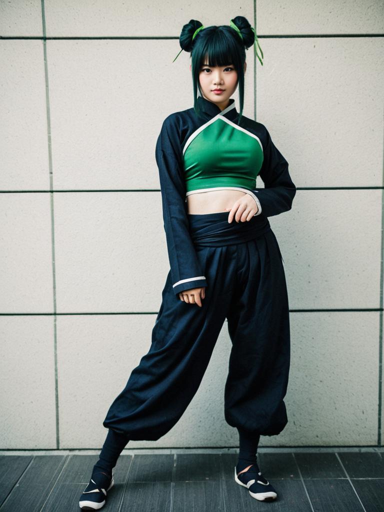 Young Woman in Modern Asian Fashion with Green and Black Outfit