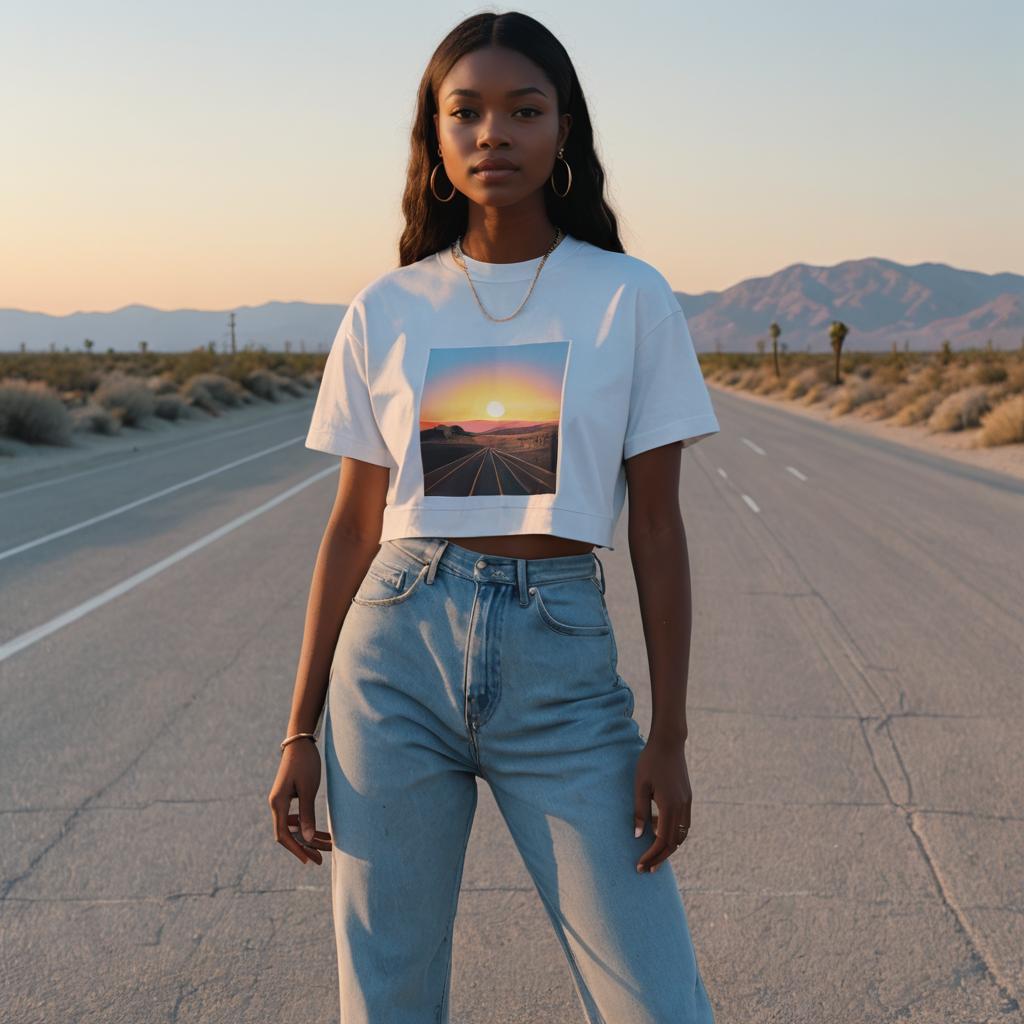 Young Woman in Casual Outfit Standing on Desert Road at Sunset