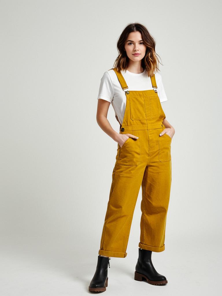Woman Wearing Casual Mustard Yellow Bib Overalls with Straight Leg and Side Buttons
