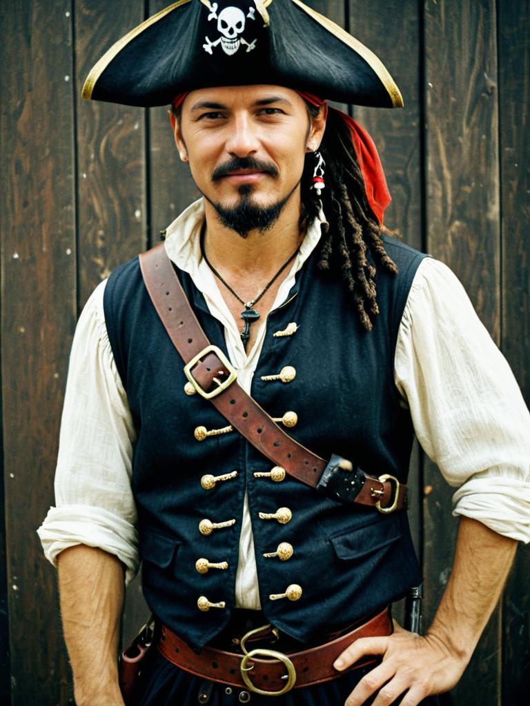 Man Wearing Sleeveless Pirate Costume with Skull Hat