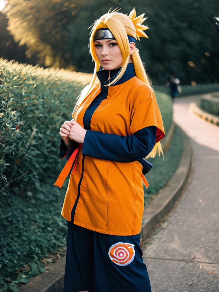 Woman Cosplay Wearing Realistic Naruto Uzumaki Costume Outdoors