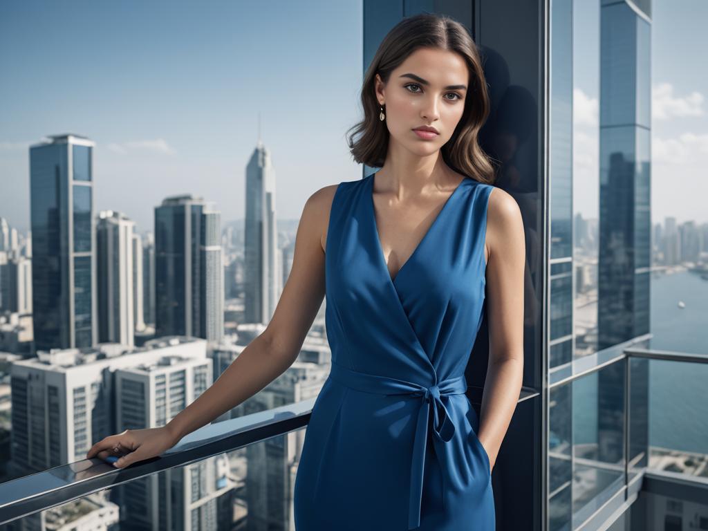 Sophisticated Woman in Blue Dress with City Skyline