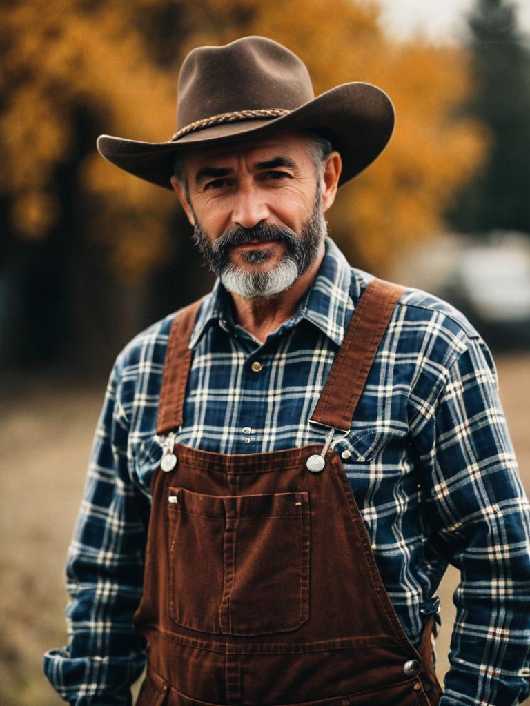Portrait of Mature Man in Brown Overalls and Cowboy Hat Outdoors
