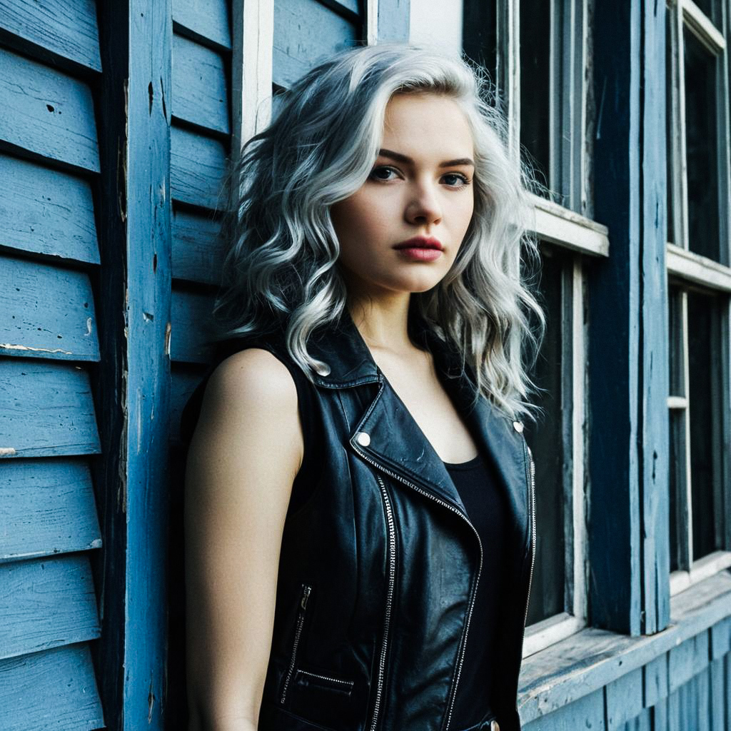 Confident Woman with Silver Hair in Leather Vest Confident Woman with Silver Hair in Leather Vest