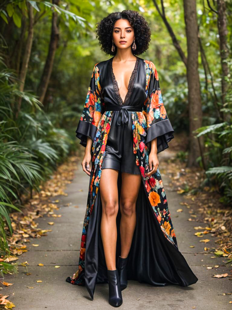 Fashionable woman in floral robe on green pathway